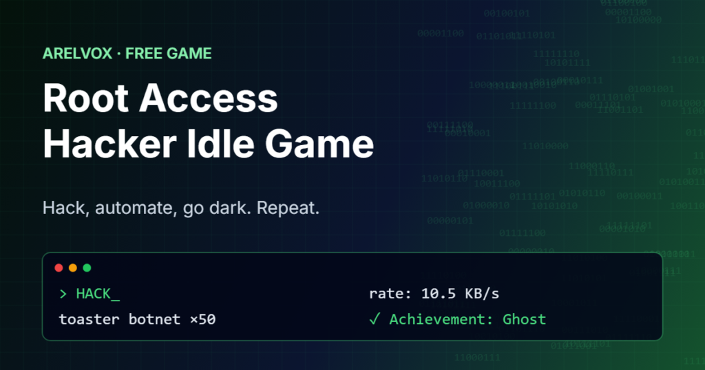 Root Access hacker idle game with a terminal-style interface and a big HACK button