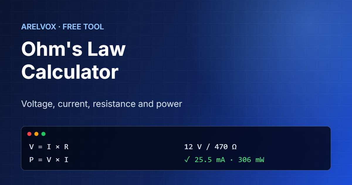 Ohm's law calculator finding current and power from 12 volts and 470 ohms