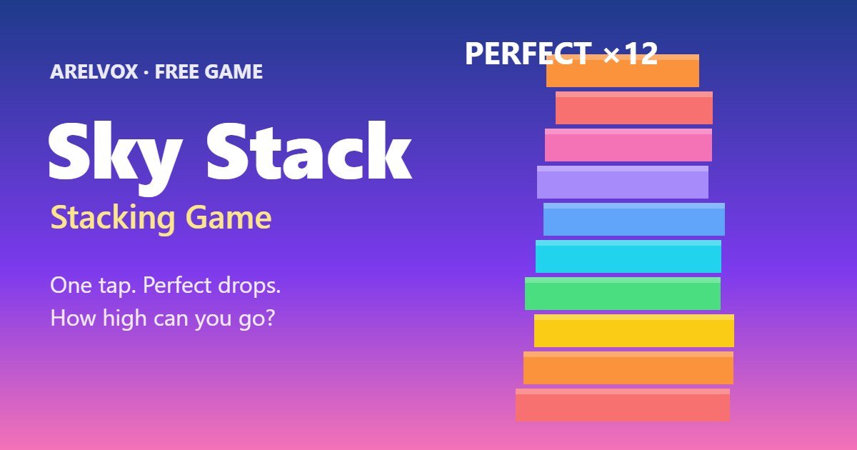 Sky Stack stacking game with a tower of colorful blocks on a purple sky